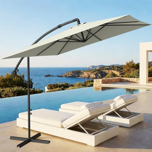 WoRaum Parasol Rectangulaire Inclinable à Manivelle 2,5x2,5m – Parasol de Jardin Extérieur avec Base Croix & Housse, Surface d'Ombre 12㎡ (Angle 90°-135°),Blanc Cassé,avec Éclairage