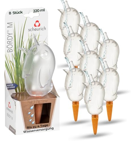 Scheurich Wasserspender Bördy M | 8 x Klar | 220ml Füllmenge | Bewässerungskugeln klein mit Ton Fuß | Wasserspender Pflanzen und Blumen Terrakotta Stiel