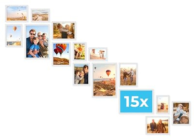 PHOTOLINI weiße Bilderrahmen Set verschiedene Größen, 15 Bilderrahmen Treppenaufgang Holz MDF, Bilder Rahmen mit Acrylglas, Bilderrahmenset zum Aufhängen, Fotorahmen Set weiss für Fotos & Poster