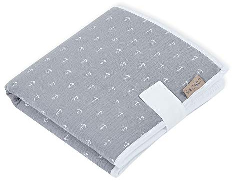 KraftKids Resor padunderlägg i muslin grå ankare, resekudde 60 cm x 60 cm, skötunderlag för resor med kärlek handgjord i EU