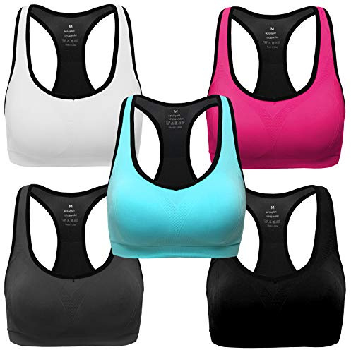 MIRITY Women Racerback Sports Bras - High Impact Workout Gym Activewear Bra Color Black Grey Blue Hotpink White Pack of 5 Size M