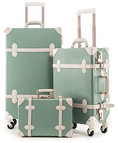 Unitravel 3 Piece Vintage Combination Suitcase Set, Hard Shell Retro Travel Trunk Luggage with Train Bag for Women (Matcha Green, 26+20+12)