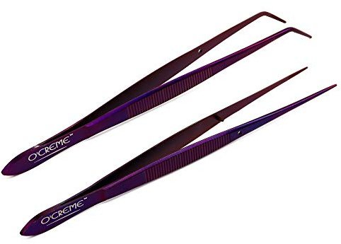 O'Creme Purple Stainless Steel Precision Kitchen Culinary Fine-Tip Tweezer Tongs, 1 Curved and 1 Straight