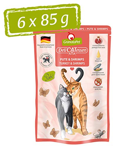 GranataPet Delicatessen Tacchino e gamberetti, 6x85 g, cibo umido per gatti, cibo per gatti per buongustai, cibo senza cereali e senza zuccheri