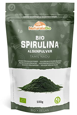 NaturaleBio Alga Espirulina Ecológica En Polvo 100g. Orgánica, Natural y Pura, Cultivada en regiones tropicales asiáticas. Ideal en bebidas y batidos, o recetas. Apto para vegetarianos y veganos.