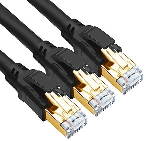 Yauhody Cable Ethernet 3 Metros Cat 8 (3 Piezas) 40Gbps 2000MHz F/FTP Alta Velocidad Cable de Red, Gigabit RJ45 Cable Lan para POE, PS5, X box, Router, TV, Switch, Más rápido que Cat7 Cat6 (Negro)