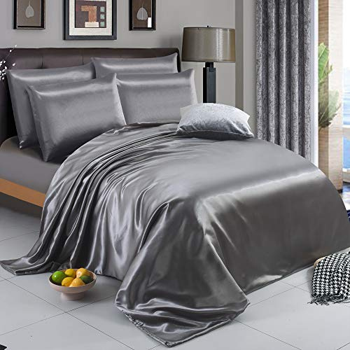 ZIMEL HOMES Six Pieces Satin Bedding Sets Duvet Cover, Fitted Sheet, 4 Pillow cases | Double, King and Super King Complete Silky Bedding Set (Silver, Double)