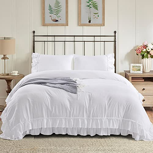 HIG 3 Piece King Ruffle Duvet Cover Off White Handmade Rustic Ruffle - 100% Washed Cotton Bedding Cover - Natural Wrinkle & Breathable Zipper Closure & Corner Ties (Hans), Hans-Off White