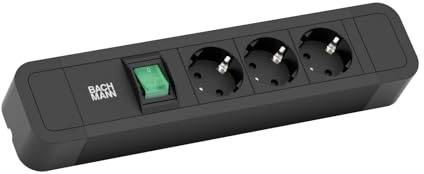 BACHMANN - Primo 2 - Steckdosenleiste 3-Fach mit Schalter. 3fach Steckdosenleiste aus Aluminium mit Schalter in schwarz, Kabellänge 2m HO5VV-F 1,50qmm