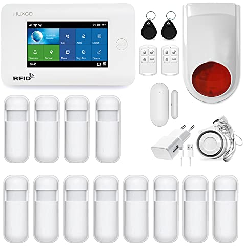 HUXGO HXA006 Funk Alarmanlage WiFi + GSM Modul mit 12x Bewegungssensoren und Funk Solarsirene - Alarmanlage Wohnung Garage - Funk Bewegungsmelder mit Empfänger