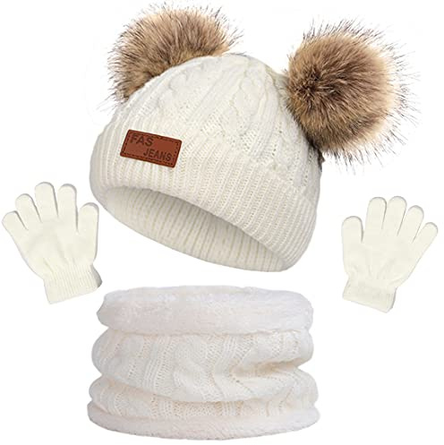 NLAND Conjunto Gorro Bufanda y Guantes para Niño Niña 2-6 Años | Set de 3 Piezas de Accesorios de Invierno Térmicos y Portátiles,Braga Cuello con Pompón,Suave,Cálido y Elástico