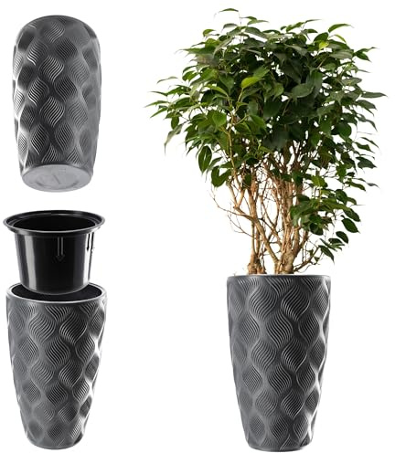KADAX Blomkruka med insats och handtag, planteringskruka av plast i 5 storlekar, UV-resistent kruka, väderbeständig växtvas hög, kruka med 3D-effekt (antracit höjd: 58,5 cm)
