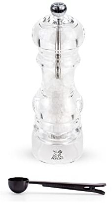 Peugeot - Nancy Manuelle Salzmühle aus Acryl – transparentes, verstellbares Mahlwerk Geschenkset – mit Edelstahl-Gewürzschaufel/Beutelclip, 17,8 cm