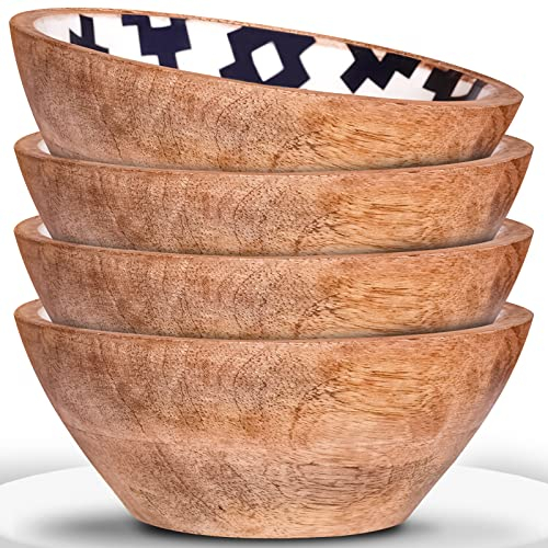 INDI AFFINITY Handmade Rustic Wooden Salad Bowl Set of 4 - Eco Friendly Serving Bowls for Food, Fruit & Dips