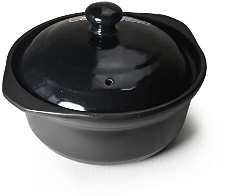 Kasserolle aus Tontopf 1,48 Liter hitzebeständige Premium-Keramikschüsseln mit Deckel zum Kochen von Suppe, Schwarz, Weiß (Schwarz 1,18 Liter)