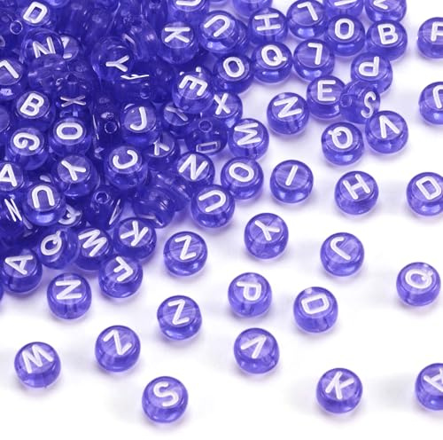 PandaHall Transparente Acryl-Alphabet-Perlen, 7 mm, flache runde Münze A-Z, Buchstaben-Abstandhalter, lose Perlen, gemischte Anfangsbuchstaben, Perlen für Schmuckherstellung, Flieder, 200 Stück