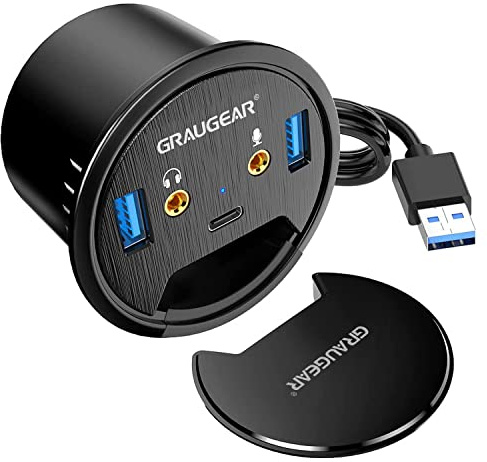GRAUGEAR Tisch USB HUB mit 1 x USB-C und 2 x USB-A Anschlüssen, Audio I/O | 3 Port Tisch USB HUB für Schreibtisch mit Loch 60mm Durchmesser, USB 3.0 bis zu 5 Gbit/s, inkl. Staubschutz, 150cm Kabellänge
