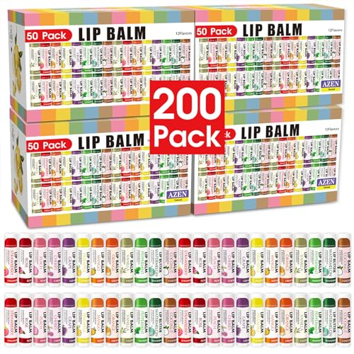 AZEN 200 Pack Lip Balm Bulk, Moisturizing Lip Balms for dry cracked lips, Mothers Day Gifts Easter Basket Stuffers - 12 Flavors