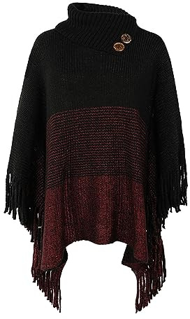 JFAN Poncho Donna Invernale Mantella Donna Poncio Invernali Caldo Elegante con Frange a Collo Alto con Maniche Bottoni,Nero,Taglia Unica