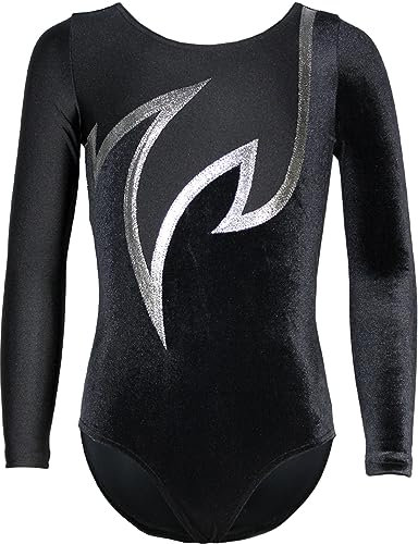 GymStern Turnanzug Java Spezial Samt - Stretch-Material langarm Gymnastikanzug Turnbody langärmlich, Größe:176, Farbe:Samt Schwarz - Silber