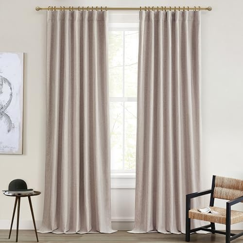 Dining Room Long Curtains 108 Inches Set of 2, 100 Inch Wide (2 x 50)Linen Living Room Drapes 9 Foot Tall 100% Blackout Curtains for Sliding Glass Door 2 Panels Tan Beige Back Tab/Rings/Hooks
