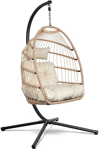 Swoods Hängesessel mit Gestell - Hängesessel Outdoor - Indoor und Outdoor - Hängstuhl mit Großen Kissen - Klapbarer Rattensessel - bis 150 kg - Naturel