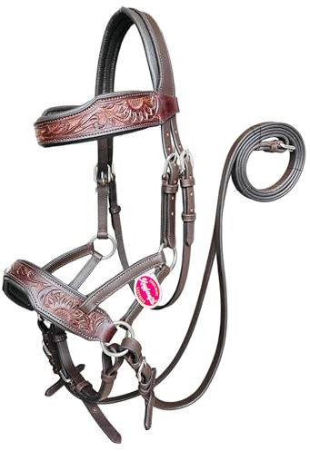 Kayfcrafts Rênes en cuir huilé à traction latérale sans mors pour cheval (marron avec travail antique clair, taille complète)