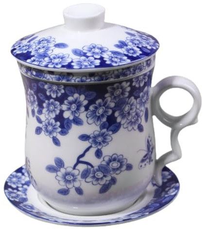 ABOOFAN Traditional Ceramic Tea Cup Set with Infuser and Saucer, Featuring Fine Craftsmanship and Creative Pattern, China Mug with Lid for Tea Drinking and Household Use