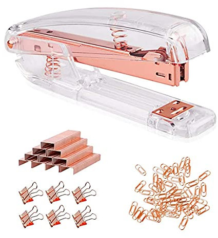 Acryl Desktop Hefter, Büro Tacker mit 1000 26/6 Heften, 6 Binder Clips,50 Büroklammern, Klammerloser Tacker Hefter, Schreibtisch Zubehör Kit für Home Office Schule (Hefter Roségold)