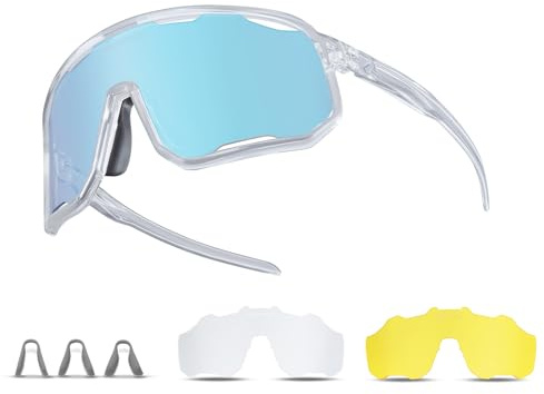 ROCKBROS Selbsttönend Fahrradbrille Sonnenbrille mit 3 Wechselgläsern | Photochrome Sportbrille, UV400 Schutz TR90 Laufbrille mit Wechselbares Nasenpad für Rennrad MTB Laufen Angeln