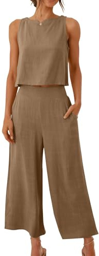 Linen Sets for Women 2 Piece Outfits Solid Sleeveless Crop Tops Loose Fit Round Neck Summer Tank Tops & Wide Leg Pants with Pockets Casual Tracksuits Lounge Sets Brown
