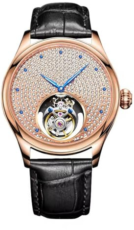 JDLERMY Tourbillon - Reloj mecánico de pulsera para hombre, diseño de esqueleto de diamante, cristal de zafiro, doble cara, hueco, impermeable, reloj de pulsera para hombre de acero luminoso y cuero