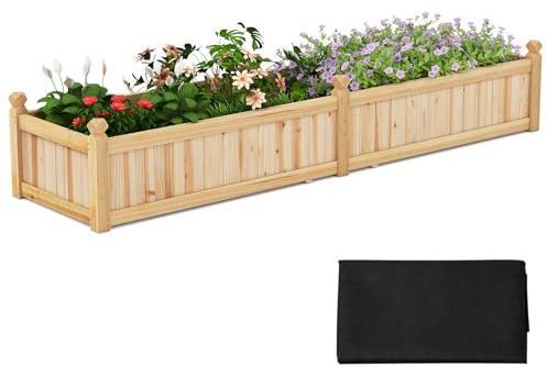 COSTWAY Raised Garden Bed, Wooden Planter Box Kit with Non-woven Liner, Movable Boards, Dividers & Drainage System for Climbing Vines Flower Vegetable, Outdoor Plant Grow Box Container (Natural)