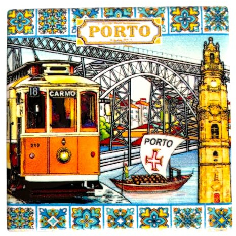 Dessous de verre en céramique avec base en liège résistant à la chaleur – Dessous de verre avec monuments portugais intégrés et motifs azulejo – Décoration de table – Fabriqué au Portugal (carré