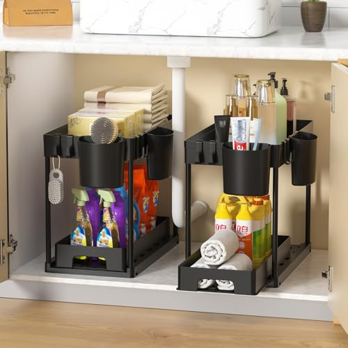 Cinnani 2 Paquete Estantería Bajo Fregadero, Organizador con 8 Ganchos y 4 Vasos Colgantes, Cocina, Baño y Hogar