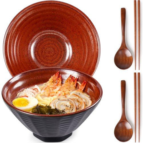 NUTRIUPS 2 x 1 500 ml ramenskål av keramik med ätpinnar och skedar, stor ramen skål set, ramen skål, roströd brun