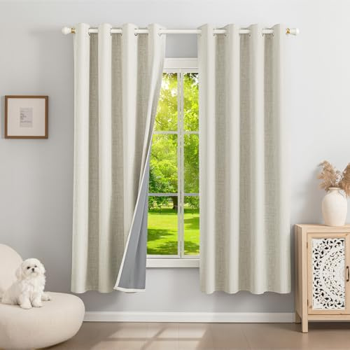 Runyéla 100% Rideau Occultant Thermique Isolant Anti Chaleur 140x175, Lot de 2 Lin Rideaux Fenêtre Opaques à Oeillets Beige Clair Anti Froid UV Bruit, Intérieurs Decoration Dressing Salon Chambre