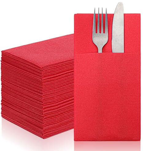 50 Pieces Linen Feel Napkins Red with Built in Flatware Pocket, Disposable Airlaid Paper Napkins Prefolded Dinner Napkin for Silverware Valentine Wedding Party Christmas Day