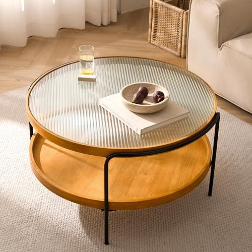 Cagnolier Couchtisch Rund, Wohnzimmertisch Rund, Couchtisch Rund mit Stauraum, 2-Tier Couchtisch Runder Holz aus Glas, Coffee Table mit Metallgestell für Wohnzimmer, Schlafzimmer, Ø76x45cm