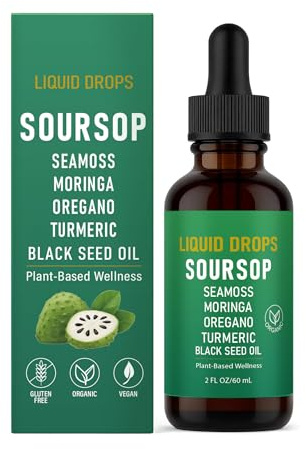 wuliao 10 in 1 Soursop Natural Drops, Soursop Bitters Liquid Drops with Sea Moss, Moringa, Turmeric, Black Seed Oil, Oregano | Vegan, Non-GMO | 2 Fl Oz (1)
