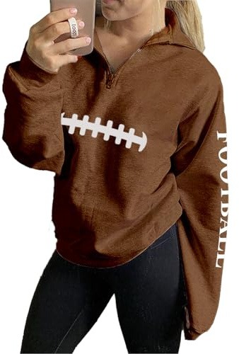 NOVEPT Womens Football Stitch Lace Sweatshirt, Quarter Zip Game Day Pullover 1/4 Zipper Long Sleeve Gift Shirt Tops (Football, S)
