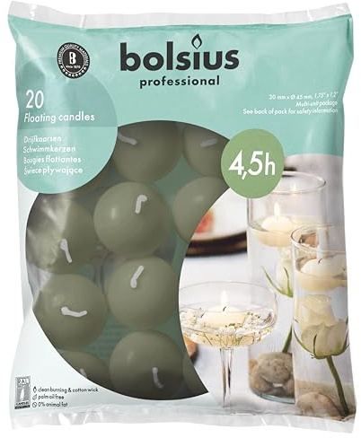 Bolsius Floating Candles - Green - Pack of 20 - Diameter 45 mm - Length Burning Time 4.5 Hours - Praffin Wax - Without Palm Oil - Decorative Household Candles