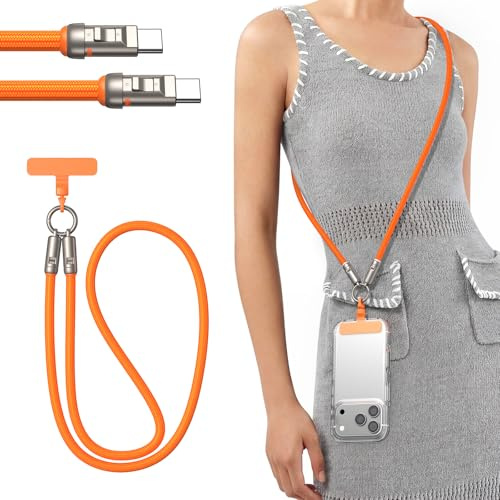 Phone Lanyard Crossbody USB C Cable 1.2m, PD240W USB C to USB C Cables, Anti Theft Phone Strap Universal Cell Phone Neck lanyard for iPhone/Samsung/Android Phones
