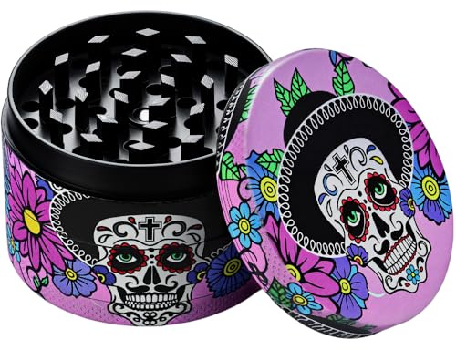 Sytranrein Herb Grinder – 4 Piece Grinder with Magnetic Top, Shark Teeth & Pollen Catcher –50mm Metal Grinder for Dry Herbs & Spices (Pink Skull)