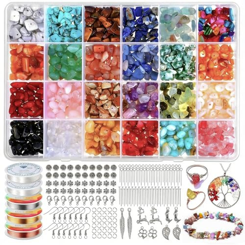 JTHTJOK Schmuck Selber Machen Set, 24 Farben Natürliche Edelstein-Perlen 5–8 mm, 1510 Stück Steinperlen Set für DIY Schmuck, Ringe, Armbänder, Halsketten & Ohrringe, Kristall Perlen zum Auffädeln