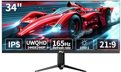 PIJ Gaming Monitor 34 inch IPS 165Hz, Ultrawide PC Screen 3440×1440P Ultra-Thin Zero Frame Computer Display for Home Office Business, DP, HDMI, Wall-Mounted, Black