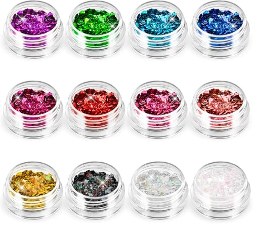 12 Farben Glitzerpulver Bunt Funkelnde Pailletten Large Particle Glitter | Für Basteln, Nägel, Körper-Deko, Gesichts-Make-up, DIY, Party & Kunstprojekte
