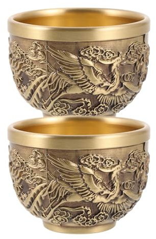 Healeved Tazas de Té Antiguas de Latón Puro Diseño de Dragón y Fénix, Set de 2 Piezas, Tazas Retro Chinas Pequeñas y Ligeras para Ceremonia de Té y Decoración Tradicional