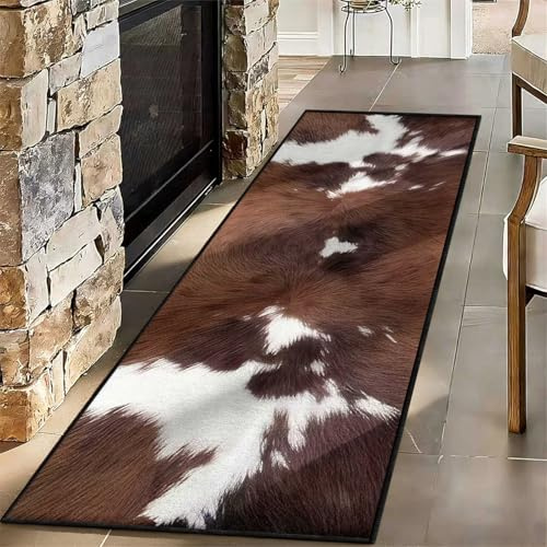 HONGXIU Western Cowhide Runner Rug 80x150 for Bathroom Home Decor,Brown Cow Print Rugs,Farmhouse Cowboy Animal Fur Area Rug Non Slip Washable Runner Floor Carpet for Entryway Hallway Kitchen Laundry