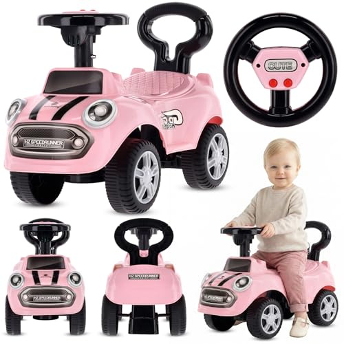 Rutschauto ab 1 Jahr, Lauflernwagen, Kinderauto Indoor, Rutschfahrzeug mit Klängen (Rosa)